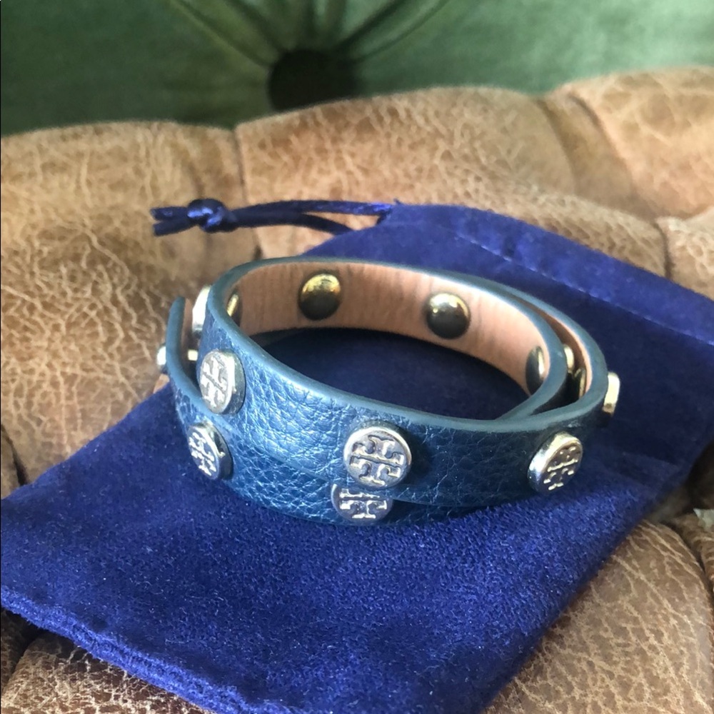 Authentic Tory Burch Blue Leather Bracelet with  Gold Accents